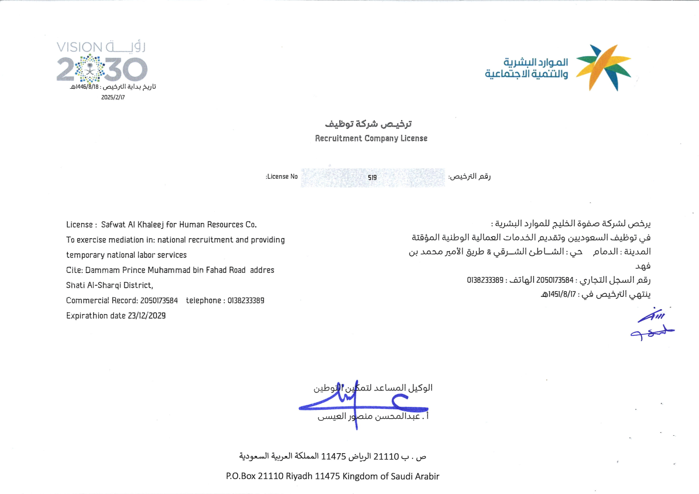 Recruitment Company License Safwa HR Recruitment Company Licenses